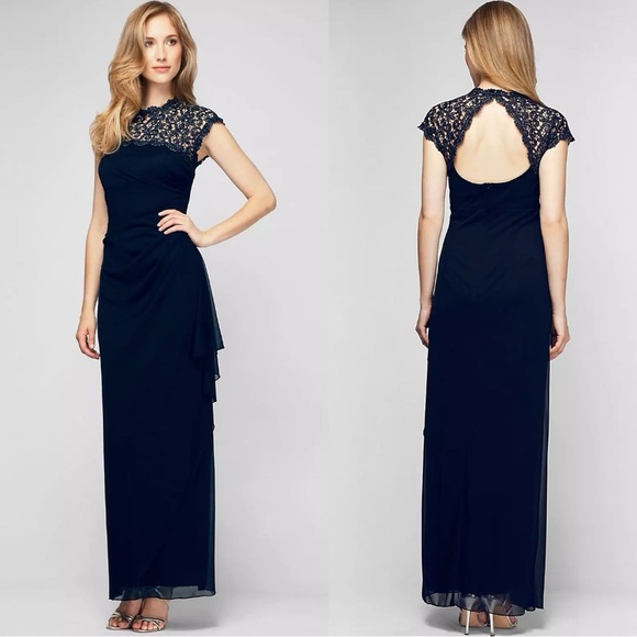 Alex Evenings Navy Evening Gown Formal Dress Lace Ruched Metallic -Size 16 -NWT - Picture 1 of 9